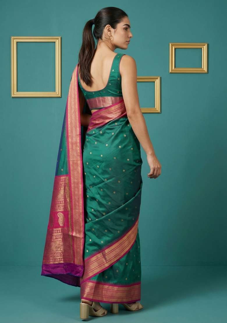 Teal Green Zari Work Silk Blend Saree Set - Indya