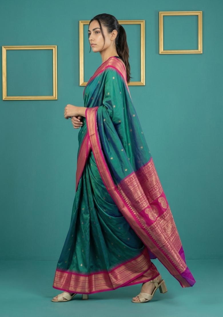 Teal Green Zari Work Silk Blend Saree Set - Indya