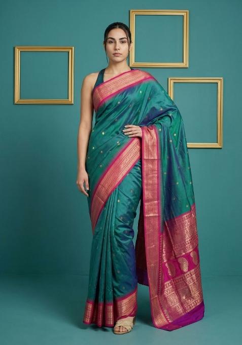 Teal Green Zari Work Silk Saree Set