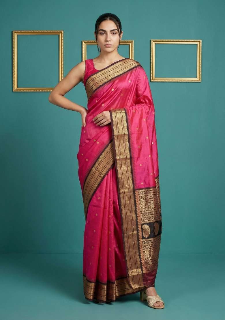 Pink Zari Work Silk Blend Saree Set - Indya