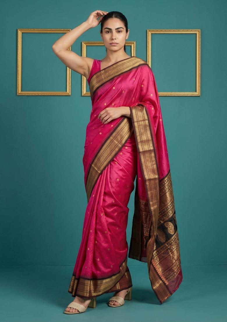 Pink Zari Work Silk Blend Saree Set - Indya