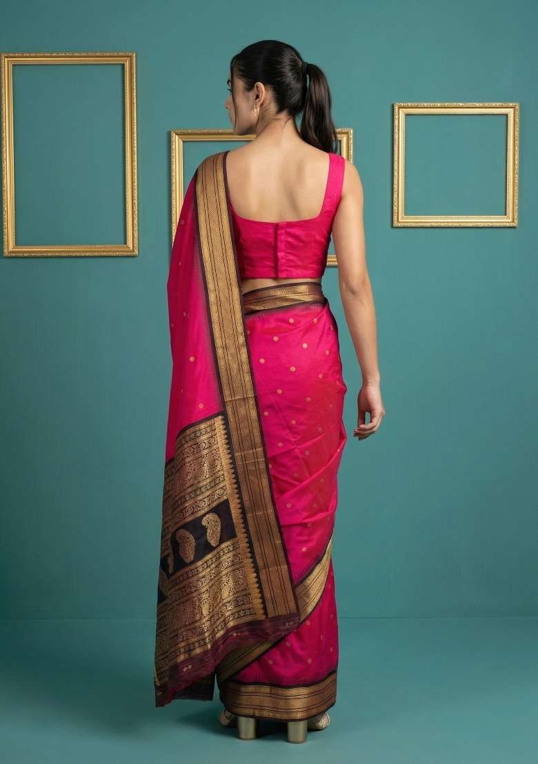 Pink Zari Work Silk Blend Saree Set - Indya
