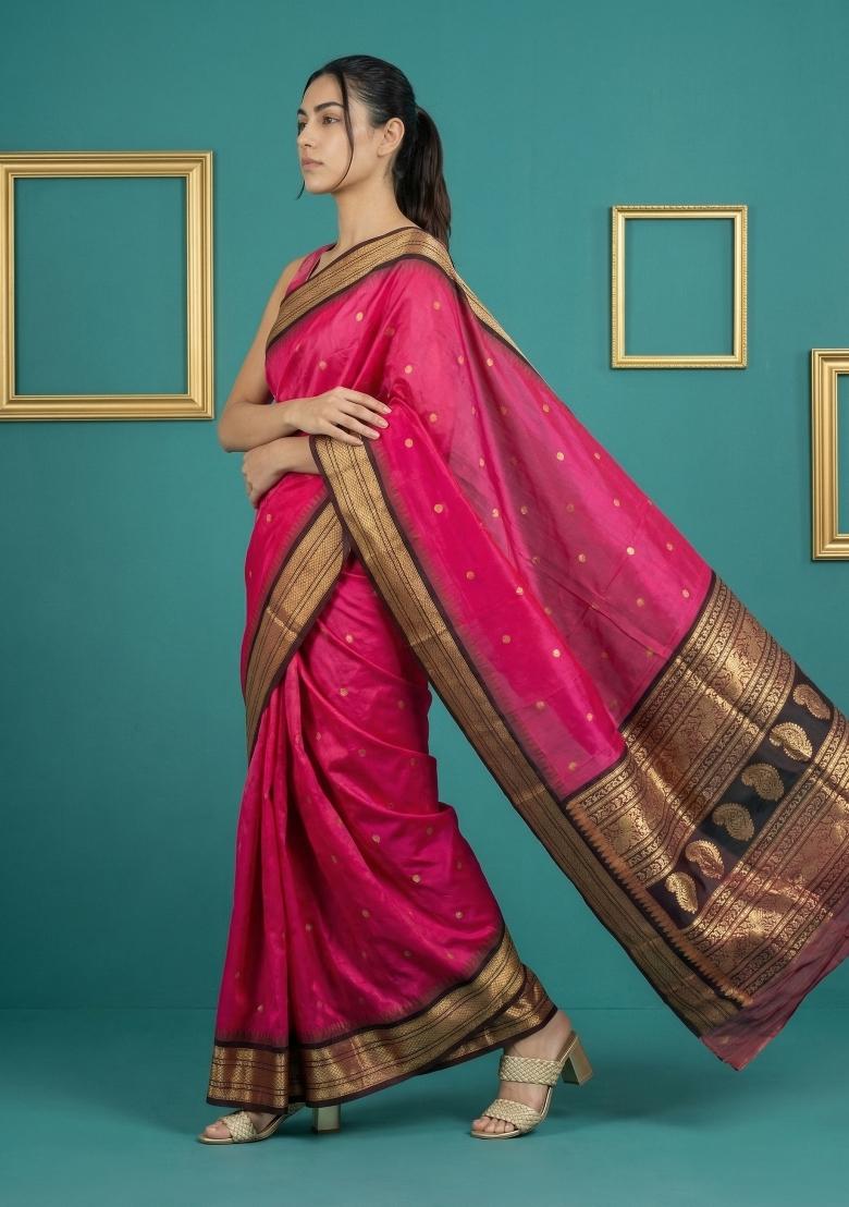 Pink Zari Work Silk Blend Saree Set - Indya