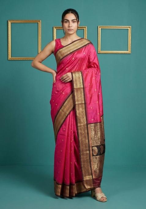 Pink Zari Work Silk Blend Saree Set