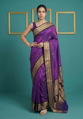 Purple Black Zari Work Silk Blend Saree Set