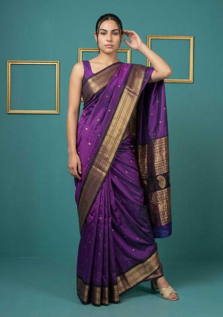 Purple Black Zari Work Silk Blend Saree Set - Indya