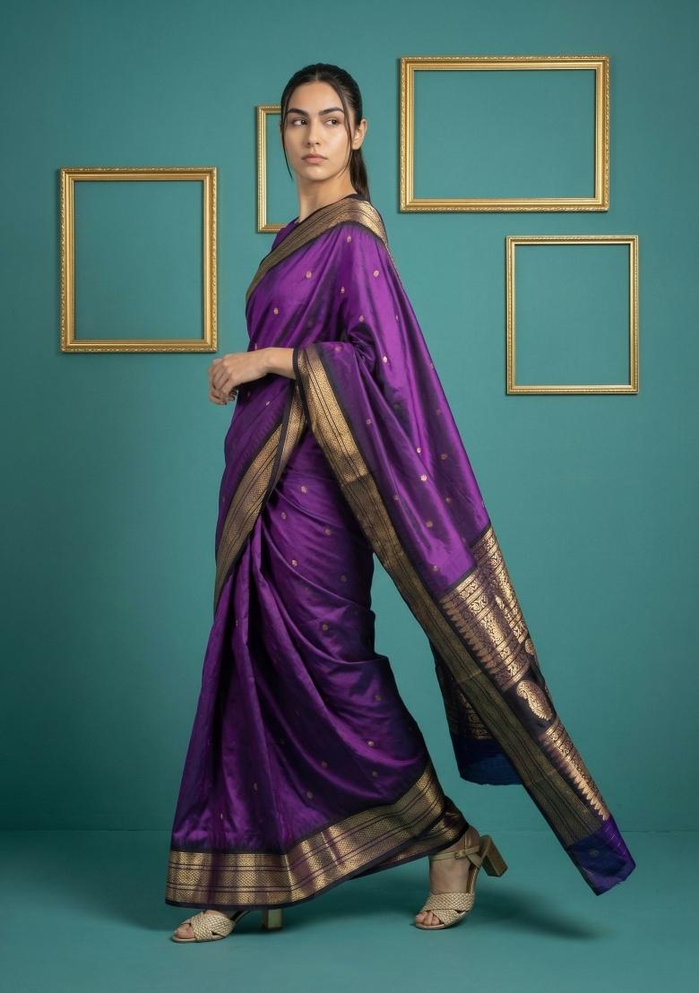 Purple Black Zari Work Silk Blend Saree Set - Indya