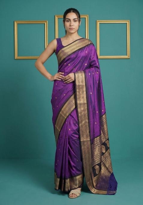 Purple Black Zari Work Silk Blend Saree Set