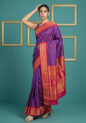 Purple Pink Zari Work Silk Blend Saree Set