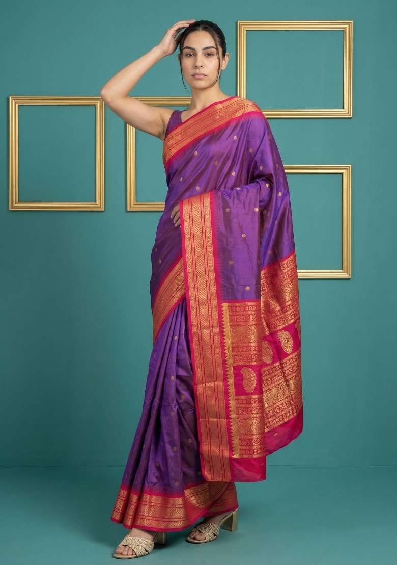 Purple Pink Zari Work Silk Blend Saree Set - Indya