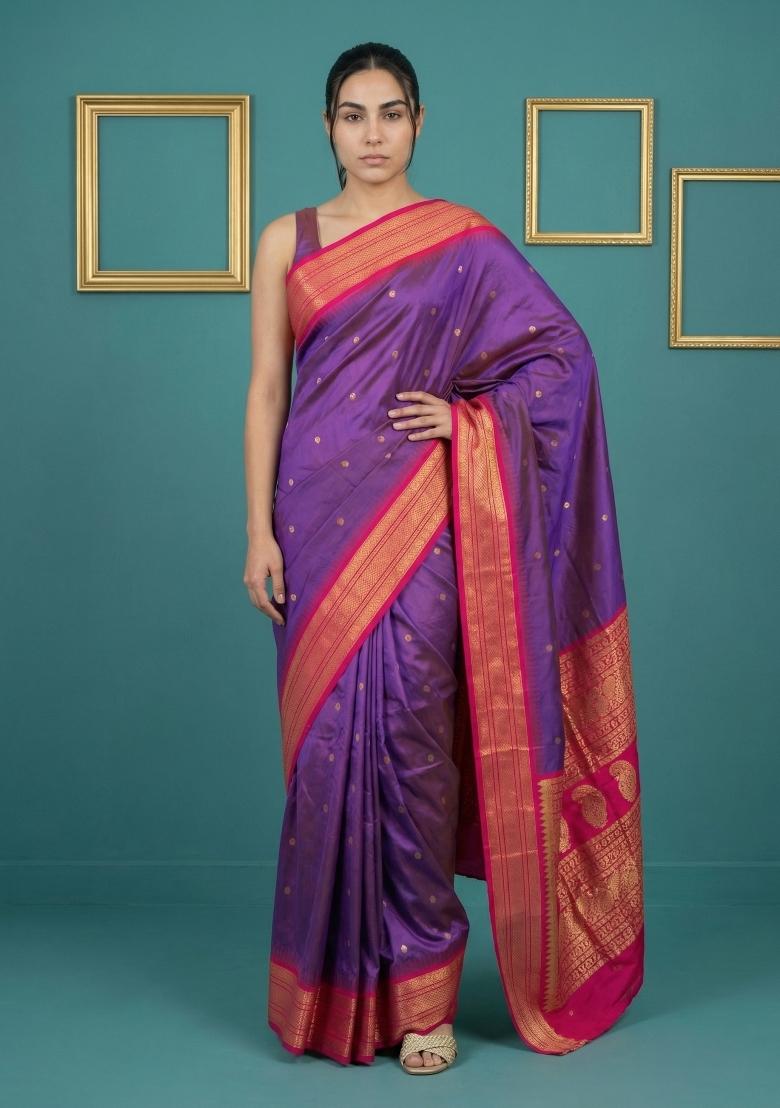 Purple Pink Zari Work Silk Blend Saree Set - Indya