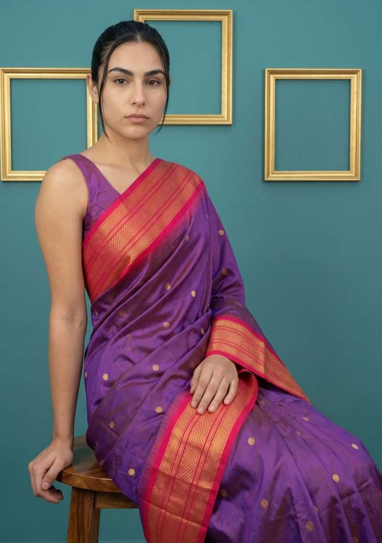 Purple Pink Zari Work Silk Blend Saree Set - Indya