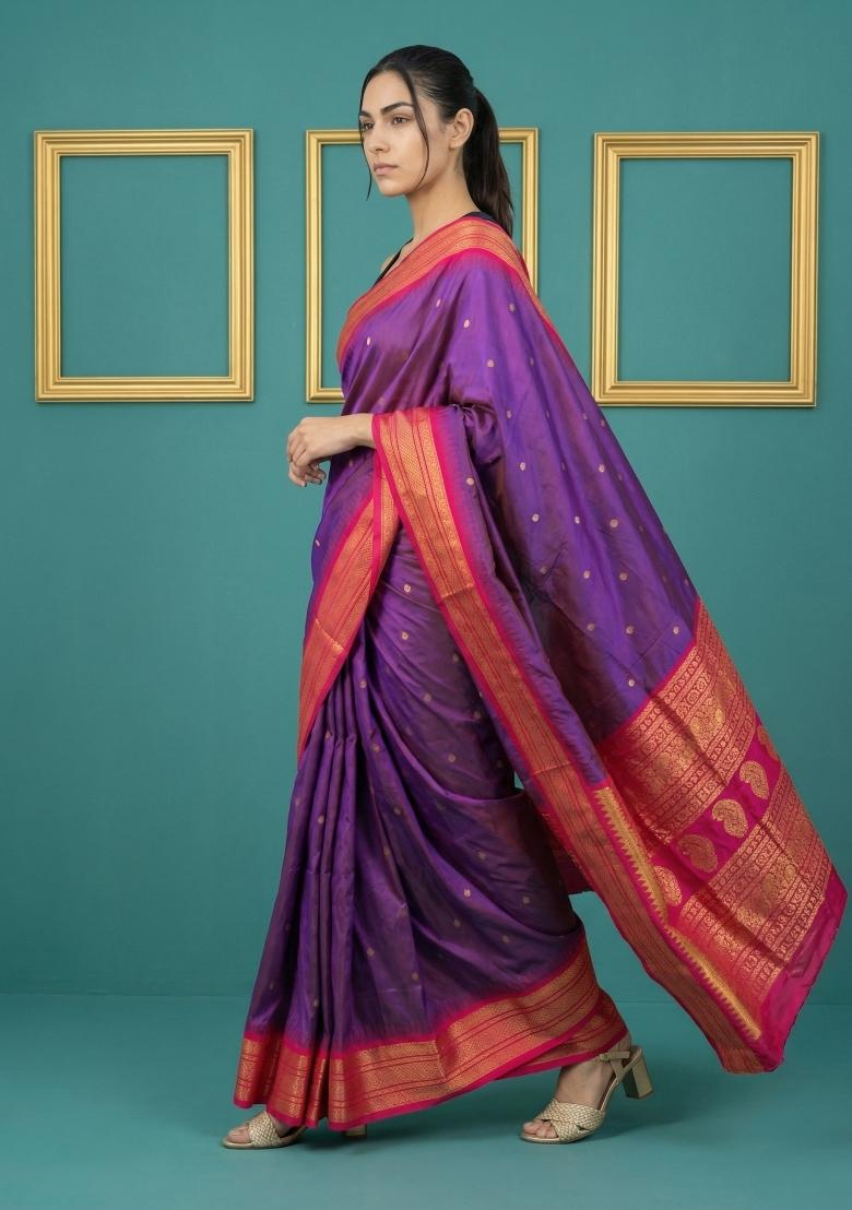 Purple Pink Zari Work Silk Blend Saree Set - Indya