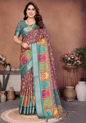 Wine Printed Silk Saree Set