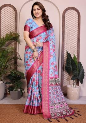 Sky Blue Printed Silk Saree Set