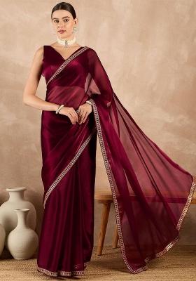Maroon Embroidered Silk Saree Set
