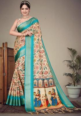 Cream Printed Silk Saree Set