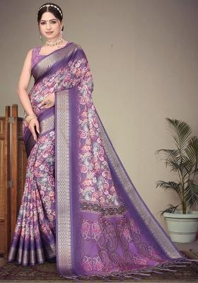 Lavender Printed Silk Saree Set