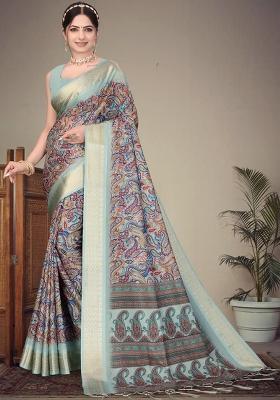 Multicolor Printed Silk Saree Set