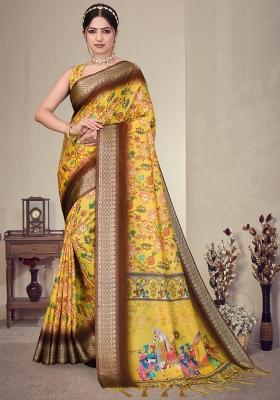 Yellow Printed Silk Saree Set