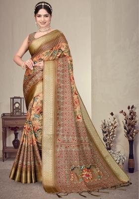 Brown Printed Silk Saree Set