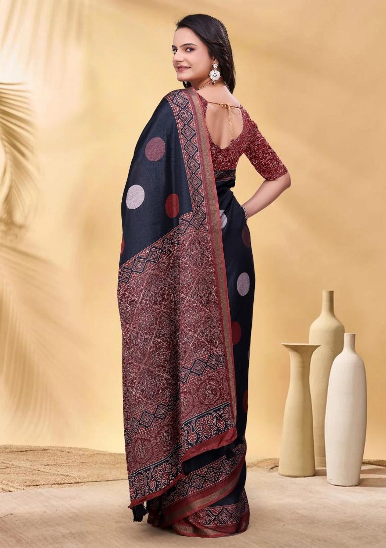Navy Blue Abstract Print Cotton Saree Set - Indya