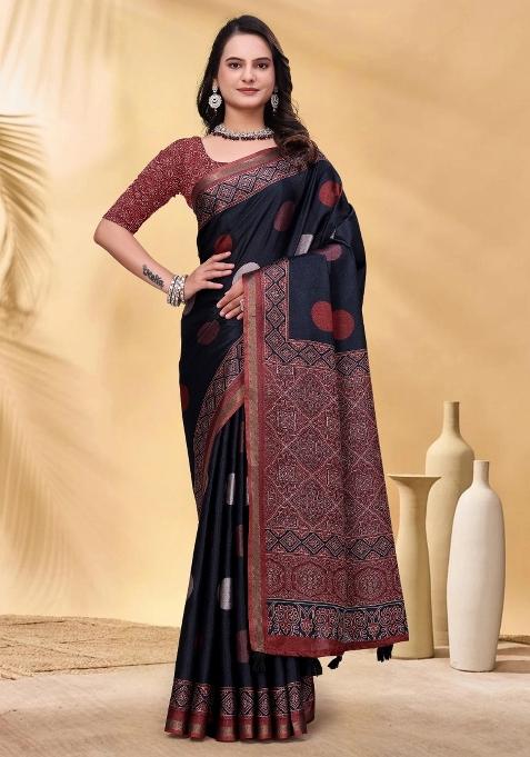 Navy Blue Abstract Print Cotton Saree Set