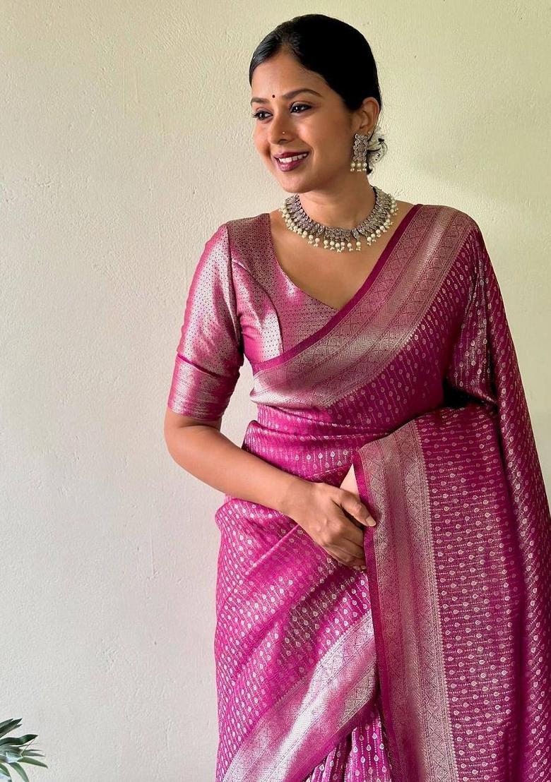 Pink Jacquard Silk Blend Saree Set - Indya