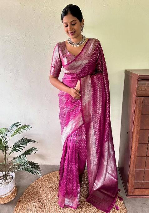 Pink Jacquard Silk Saree Set