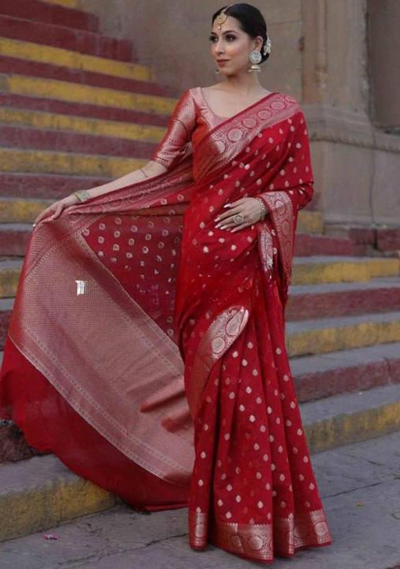 Red Jacquard Silk Blend Saree Set - Indya