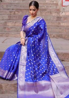 Royal Blue Jacquard Silk Blend Saree Set