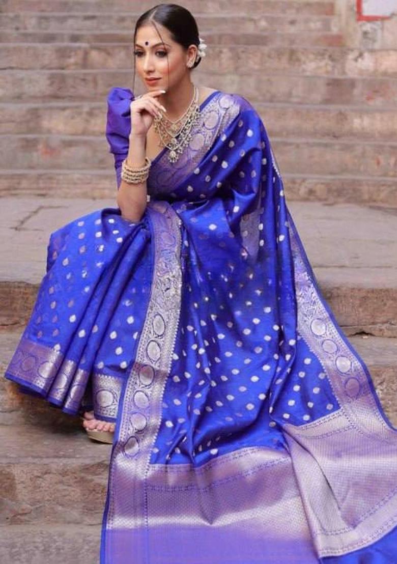 Royal Blue Jacquard Silk Blend Saree Set - Indya