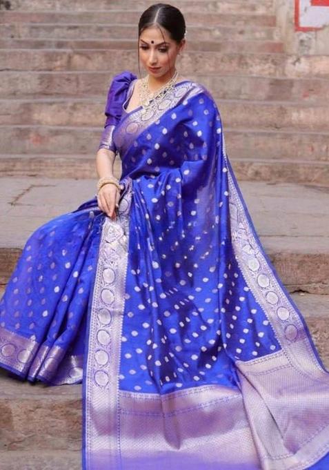Royal Blue Jacquard Silk Blend Saree Set