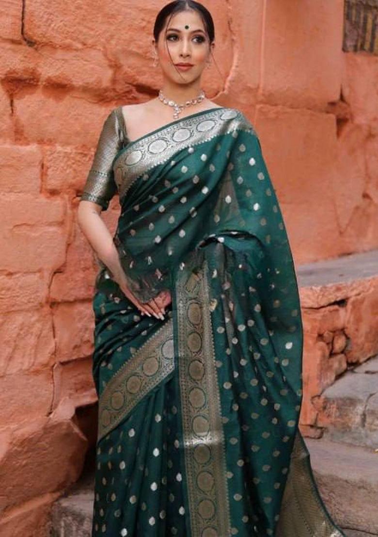 Green Jacquard Silk Blend Saree Set - Indya