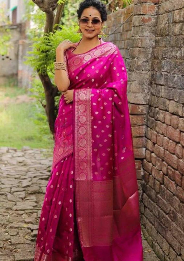 Pink Jacquard Silk Blend Saree Set - Indya