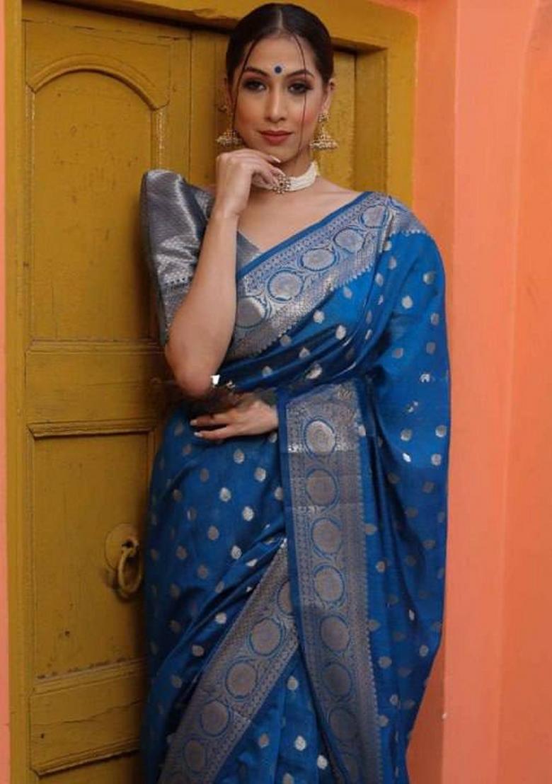 Blue Jacquard Silk Blend Saree Set - Indya