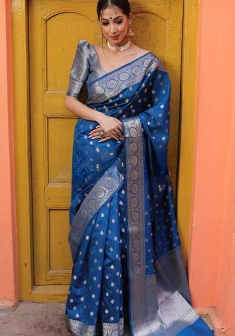 Blue Jacquard Silk Blend Saree Set