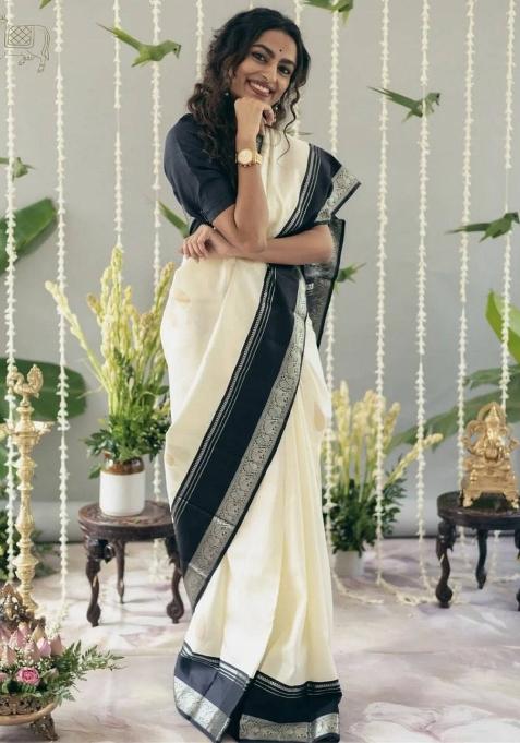 Cream Jacquard Silk Saree Set