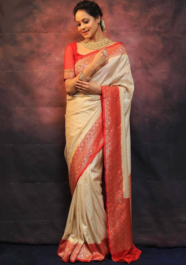 Cream Jacquard Silk Blend Saree Set - Indya