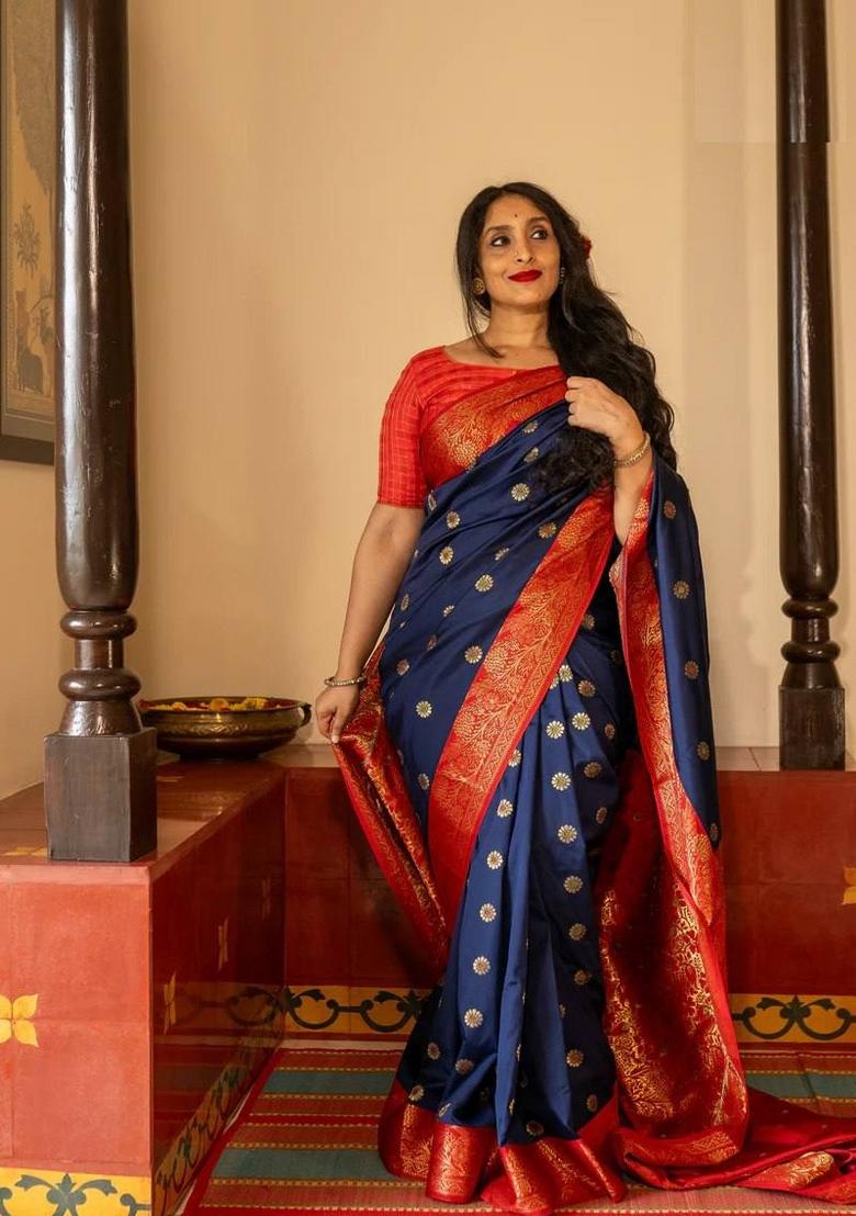 Blue Jacquard Silk Blend Saree Set - Indya