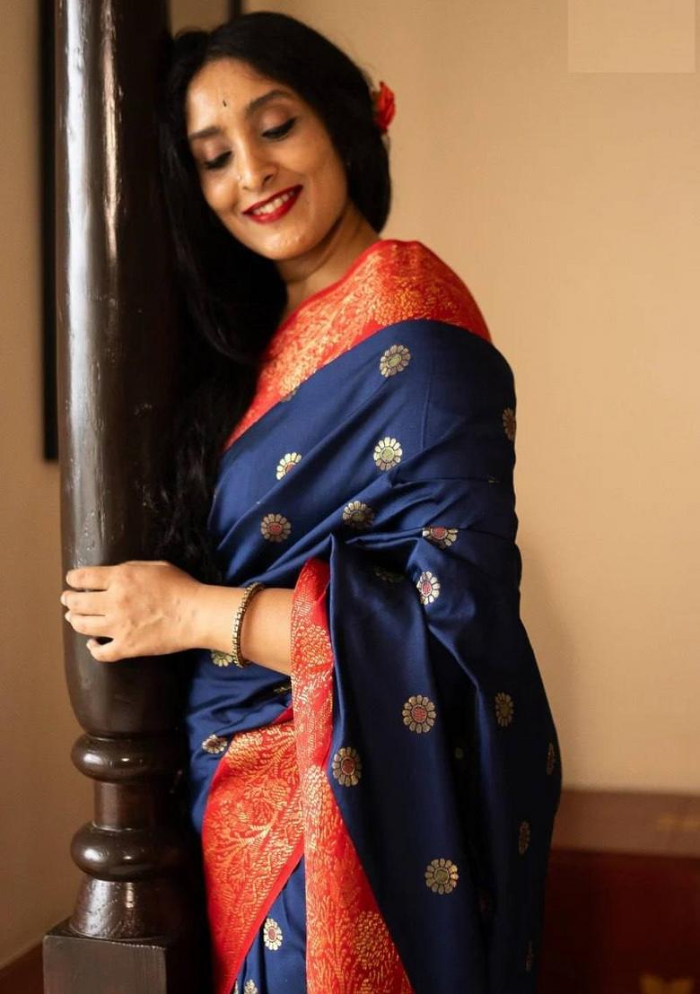 Blue Jacquard Silk Blend Saree Set - Indya