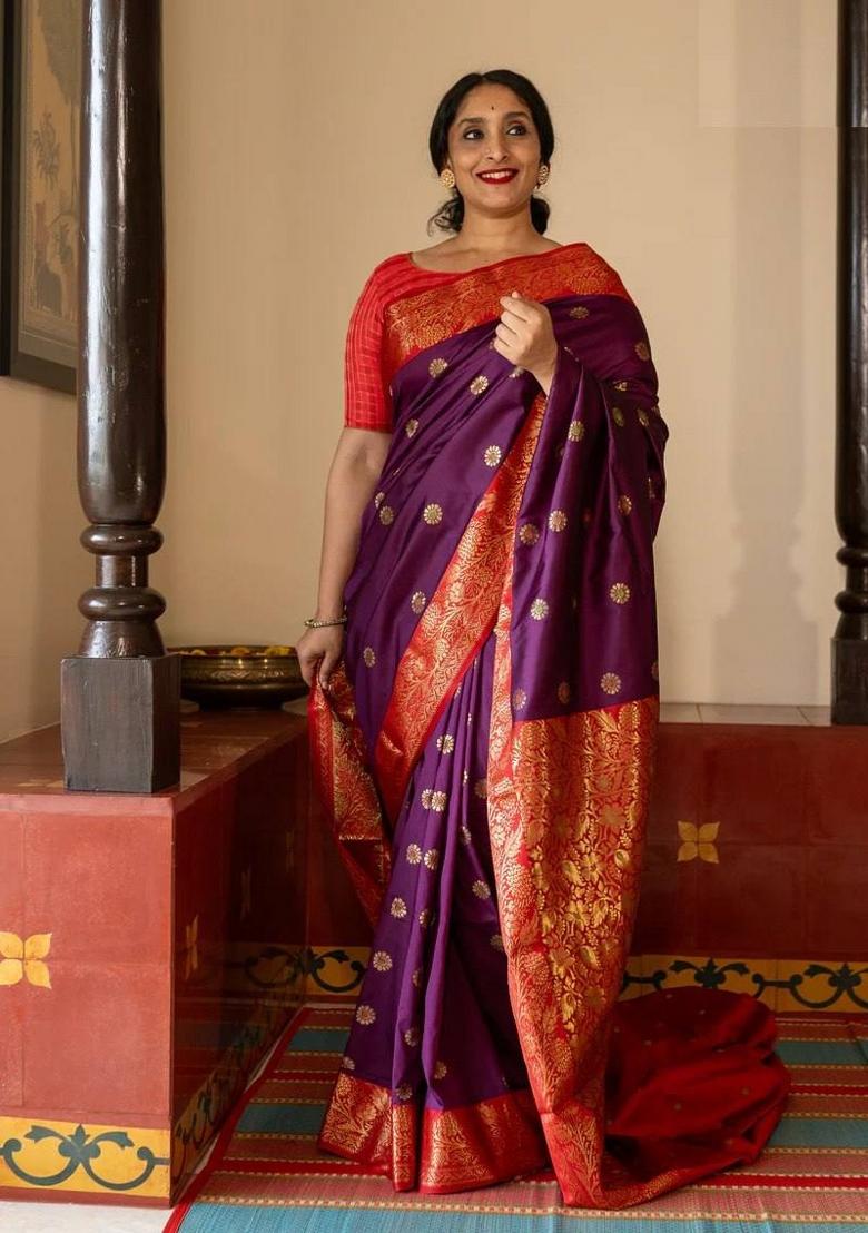 Purple Jacquard Silk Blend Saree Set - Indya