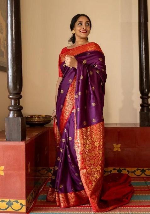 Purple Jacquard Silk Saree Set