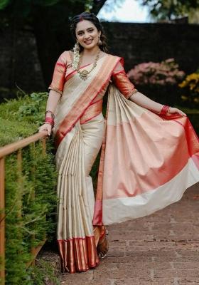 Cream Jacquard Silk Blend Saree Set