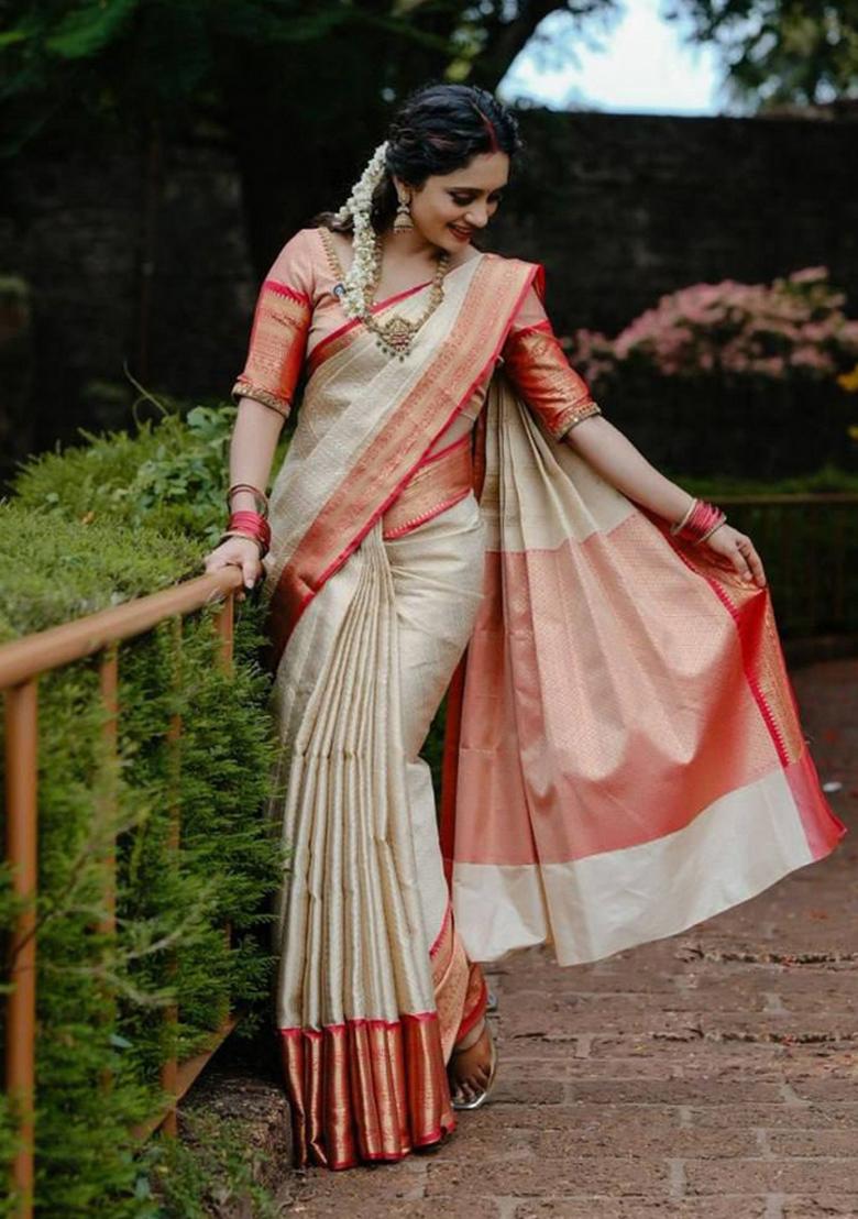 Cream Jacquard Silk Blend Saree Set - Indya