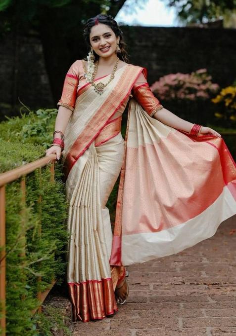 Cream Jacquard Silk Saree Set