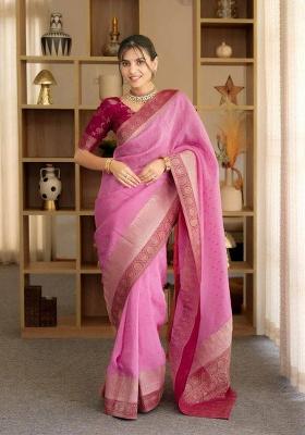 Pink Jacquard Silk Blend Saree Set