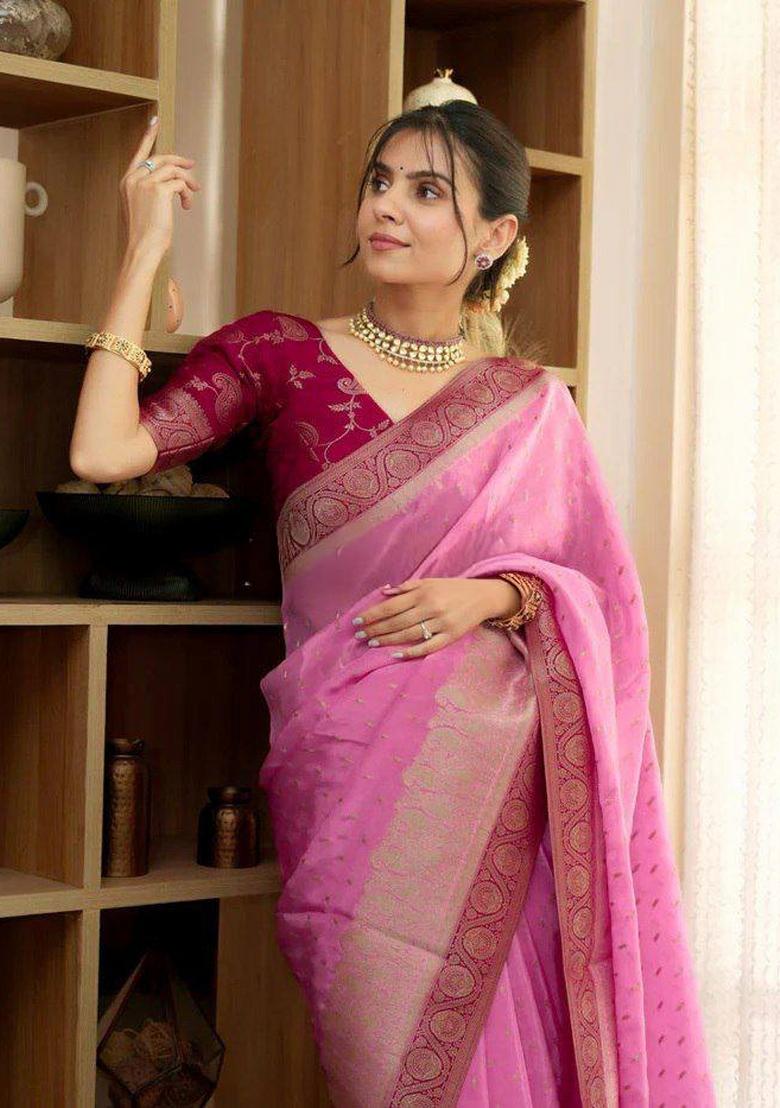 Pink Jacquard Silk Blend Saree Set - Indya