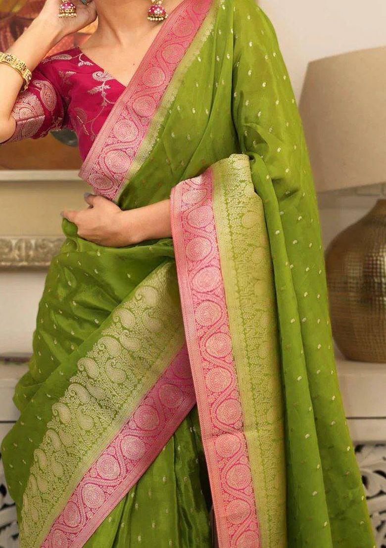 Green Jacquard Silk Blend Saree Set - Indya