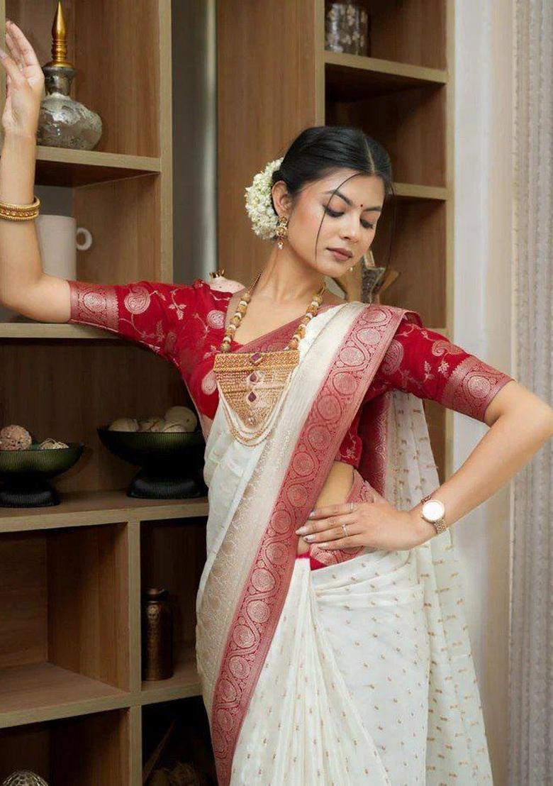 White Jacquard Silk Blend Saree Set - Indya